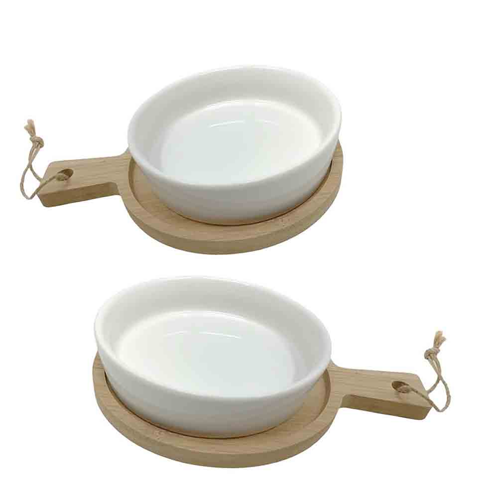 Set aperitivo 2 ciotole in ceramica con supporto tagliere in legno - immagine 2